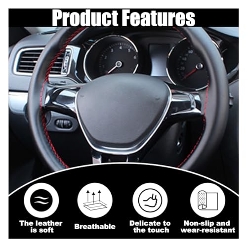Car Genuine Leather Steering Wheel Cover, DIY Sewing with Needle and Thread, Breathable, and Anti-Slip, Universal 15 Inch Car Steering Wheel Stitching Wrap (Black Red, Glossy) - color: Black Red, size: Glossy