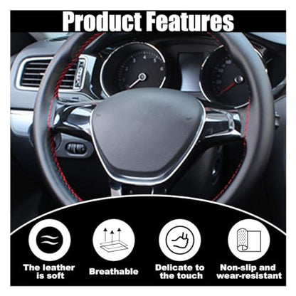 Car Genuine Leather Steering Wheel Cover, DIY Sewing with Needle and Thread, Breathable, and Anti-Slip, Universal 15 Inch Car Steering Wheel Stitching Wrap (Black Red, Glossy) - color: Black Red, size: Glossy