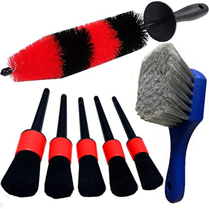 7Pcs Wheel & Tire Brush, car Detailing kit, 17inch Long Soft Wheel Brush 5 car wash Detail Brush car wash kit for Cleans Dirty Tires & Releases Dirt and Road Grime, Short Handle - color: Red