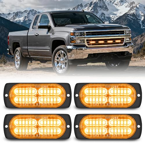 Nilight 4PCS 24LED Emergency Strobe lights 12V 24V Amber Surface Mount Grille Hazard Safety Warning Light Sync Feature Side Flashing Marker Flash for Car Truck Campers - color: Amber