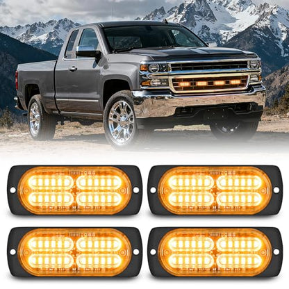 Nilight 4PCS 24LED Emergency Strobe lights 12V 24V Amber Surface Mount Grille Hazard Safety Warning Light Sync Feature Side Flashing Marker Flash for Car Truck Campers - color: Amber