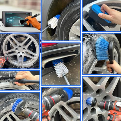 Wheel Brush Kit, Soft Drill Wheel Cleaner Brush, Tire Brush, Detailing Brush, and Detailing Pads, No Scratches Car Wheel Cleaning Kit for Wheels, Tire, Rims, Engines, Exhaust(Blue + White 9 Pk) - color: Blue + White 9 Pk