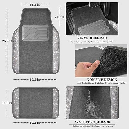 CAR PASS Bling Diamond Car Mats Shining Carpet Crystal Rhinestones Sparkly Glitter Floor Mats with Anti-Slip PVC Heel Pad Universal Fit for Automotive SUV, Sedan, Car, Van, 4pcs for Girl Women, Gray - color: Gray