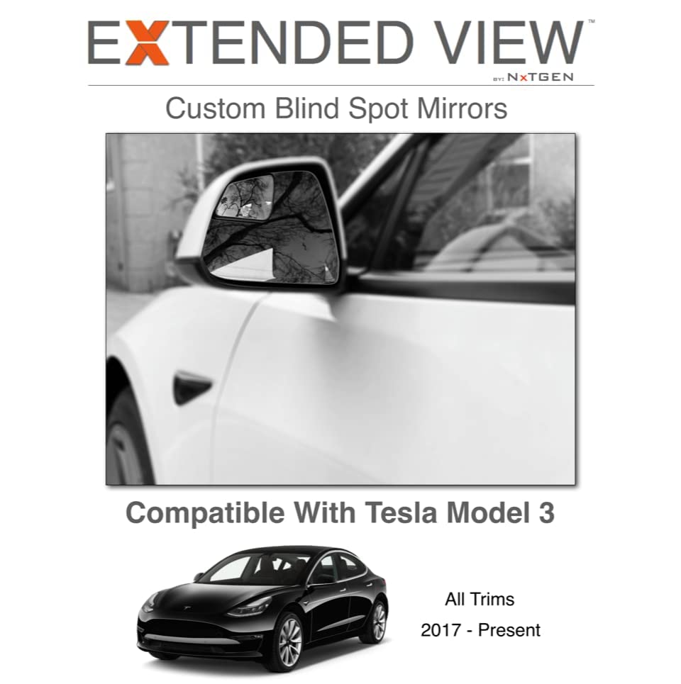 Blind Spot Mirrors - Compatible with Tesla Model 3 - Extended View - Custom Contoured - Convex - Black - Set of 2-2 Piece Set (Left & Right) - size: Model 3