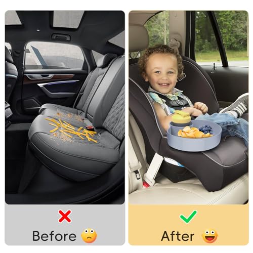 Car Seat Snack Tray for Kids: Kids Car Travel Tray with Cup Holder, Toddlers Road Trip Essential, Snacks Food Plate for Stroller, SnackTray with a Cup Holder (2, Gray) - color: gray