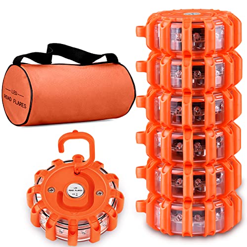 Tobfit 6 Pack LED Road Flares Emergency Lights Roadside Safety Beacon Disc Flashing Warning Flare Kit with Magnetic Base & Hook for Car Truck Boats | 9 Flash Modes (Batteries Not Included) (6) - color: 6 Sets