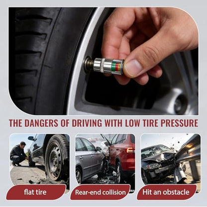 4-Pack Car Tire Pressure Monitoring Valve Caps with Tri-Color Warning System, 2.4Bar/36psi Tire Pressure Detector, Fits Most Vehicle Models, Includes 4 Screws + Wrench (Silver) - color: Silver
