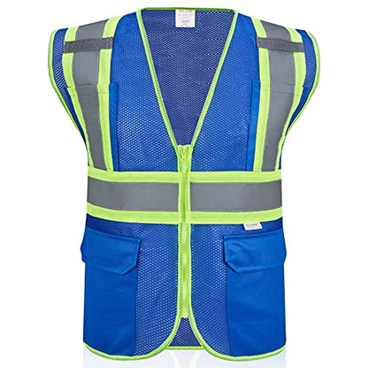 High Visibility Reflective Safety Vest with Zipper and Pockets Blue,M - color: Blue, size: Medium