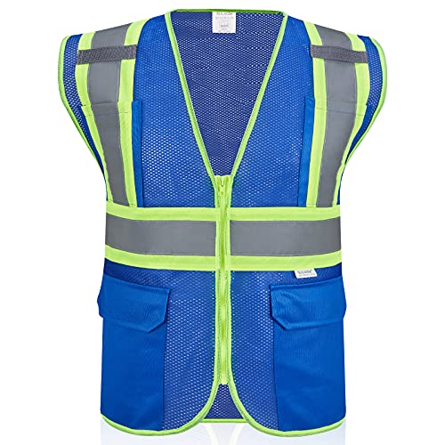 High Visibility Reflective Safety Vest with Zipper and Pockets Blue,M - color: Blue, size: Medium