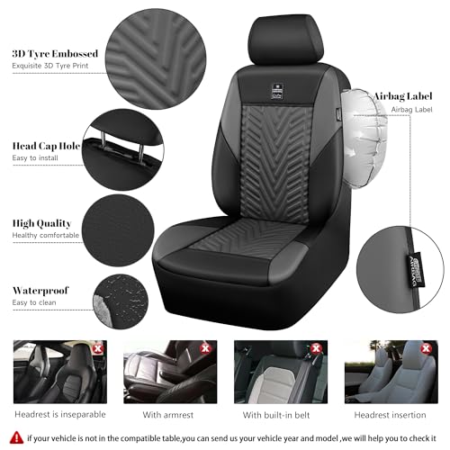 CAR PASS Faux Leather Car Seat Covers, 3D Tyre Embossed Waterproof Universal Fit 5 Seat Covers for SUV, Automotive Truck, Scratch Proof, Airbag Compatible (Deluxe Full Set,Black Gray) - color: Black Gray