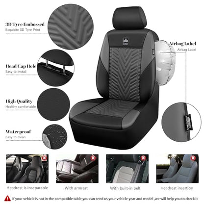 CAR PASS Faux Leather Car Seat Covers, 3D Tyre Embossed Waterproof Universal Fit 5 Seat Covers for SUV, Automotive Truck, Scratch Proof, Airbag Compatible (Deluxe Full Set,Black Gray) - color: Black Gray