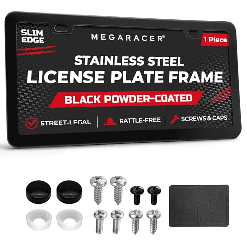 Powder-Coated Matte Black Thin License Plate Frame – 1 Piece, Car Wash Proof Stainless Steel, Rust-Free, Rattle-Free, Street Legal, Slim 2 Hole with Screw Caps, Gloss Metal Front or Rear Tag Holders - color: Black, size: 1 Piece