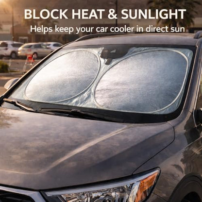 Car Windshield Sun Shade with Mirror Opening, Foldable 240T Reflective Front Windshield Sunshade, 64 x 32 in, for Cars, SUVs, Trucks