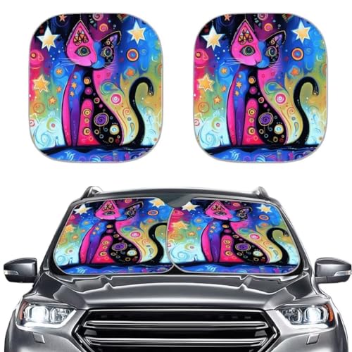 2-Piece Car Sun Shade for Front Windshield Stylish Auto Colorful Cat Front Window Protector Sun Visor Blocks UV Sun, Universal Fit Most Cars SUV Truck Van Sedan - color: Colorful Cat