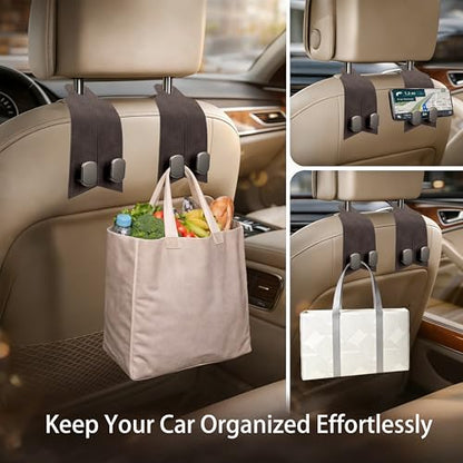 Premium Leather Car Headrest Hooks for Purses, 2 Pack Heavy Duty Car Seat Hooks, 360° Rotatable Back Seat Hanger Organizer, Metal Car Hooks for Bags, Groceries, Handbags (2, Brown) - color: Brown