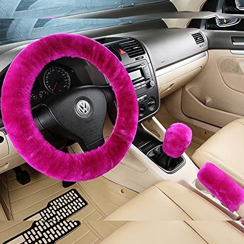 3Pcs/Set Pure Wool Fur Furry Steering Wheel Cover, Soft Fluffy Handbrake Cover Gear Shift Cover for Women Car SUV Truck Australia Sheepskin Accessories - color: Hot Pink, size: Shearling Wool