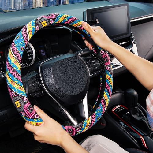 SEG Direct Steering Wheel Cover Handwoven Flax with Geometric Patterns, Anti-Slip & Breathable, Ethnic Style Steering Wheel Protector, Fits 14.5" - 15.25" Wheels - color: Neon Matrix