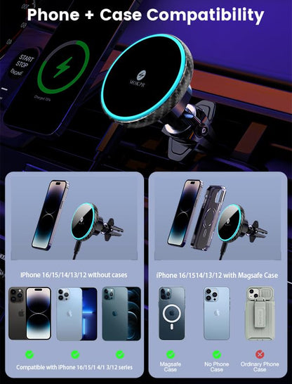 MOKPR for Magnetic Car Mount Charger-15W Wireless Car Charger-Magnetic Car Phone Holder for Dash Air Vent-LED RGB HandsFree Car Mount Fast Car Charger for iPhone 14/13/12 Series Carbon Fiber - color: Carbon Fiber