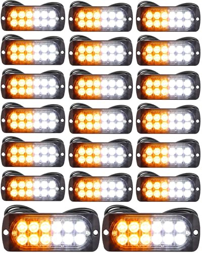 Leelosp 20 Pcs 12 LED Strobe Lights for Tow Trucks Construction Vehicles Surface Mount Emergency Hazard Beacon Safety Warning Lamps Flashing 12-24V Grille Head for Car Accessories (Amber and White) - style: Amber and White