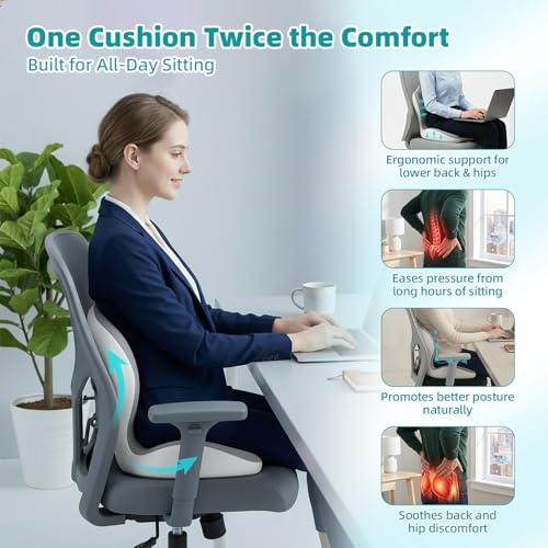 Office Chair Cushion with Back Support, Ergonomic Seat Cushion High Density Memory Foam with U-Shaped Raised Sides, Breathable Coccyx Relief for Better Posture, Office Chair, Car, Home (Gray) - color: Gray