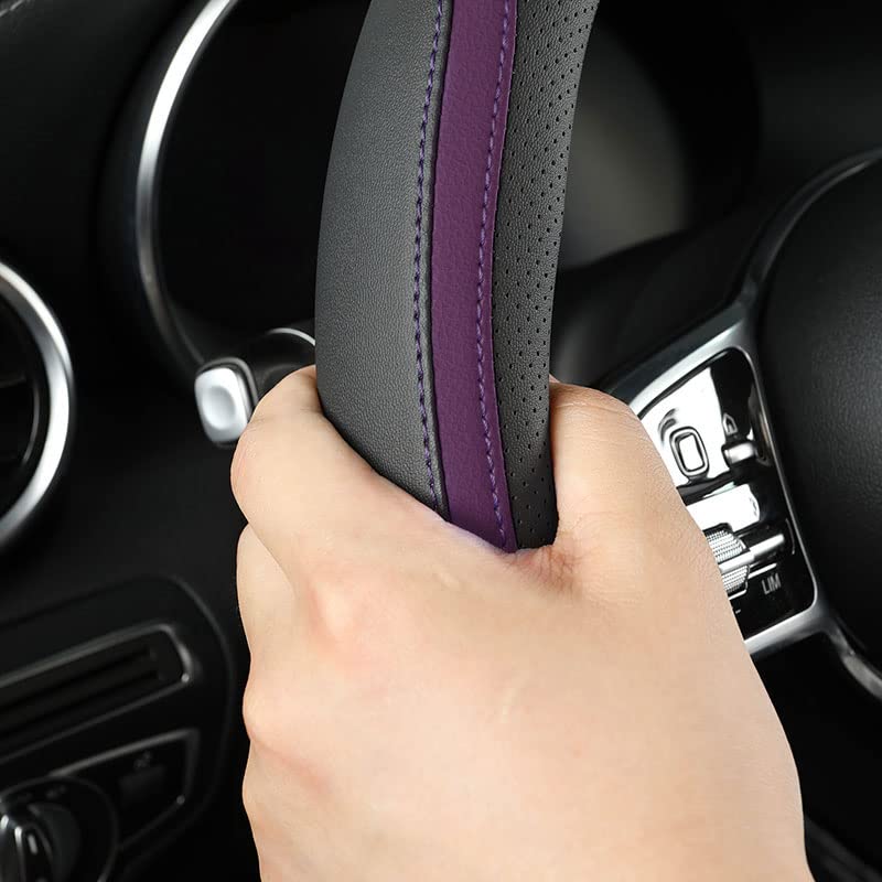 Car Steering Wheel Cover, Leather Steering Wheel Cover Purple Universal 14.5-15 Inch Microfiber Leather Anti-Slip Breathable Auto Steering Wheel Covers for Men Women (Black&Purple) - color: Purple