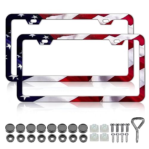 LIN KANG Patriotic American Flag License Plate Frame Holder - 2 Pack Universal Aluminum Matte Stripe US Flag Gloss Car Plate Frame Covers with 2 Holes and Screws Fasteners Caps - color: Matte American flag Narrow side E
