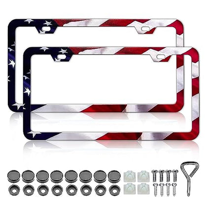 LIN KANG Patriotic American Flag License Plate Frame Holder - 2 Pack Universal Aluminum Matte Stripe US Flag Gloss Car Plate Frame Covers with 2 Holes and Screws Fasteners Caps - color: Matte American flag Narrow side E