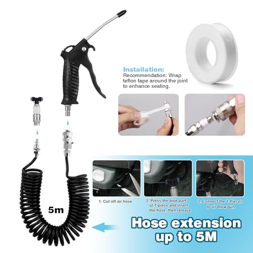 Truck Air Duster Gun with 5 Metre Recoil Air Hose, Air Seat Blow Dust Gun Heavy Duty Air Gun Cleaning Kit for Truck Semi Trailers