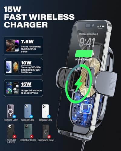 1Zero Solid Car Truck Phone Mount Wireless Charger Holder with 14-Inch Gooseneck Long Arm for iPhone 15 Pro Max Plus 14 13 12 11 XS X Samsung S24 Ultra S23 S22 S22 S21 S20 Pixel 9 Pro XL 8 7 6 5 4 - color: Upgraded Wireless Charger Holder