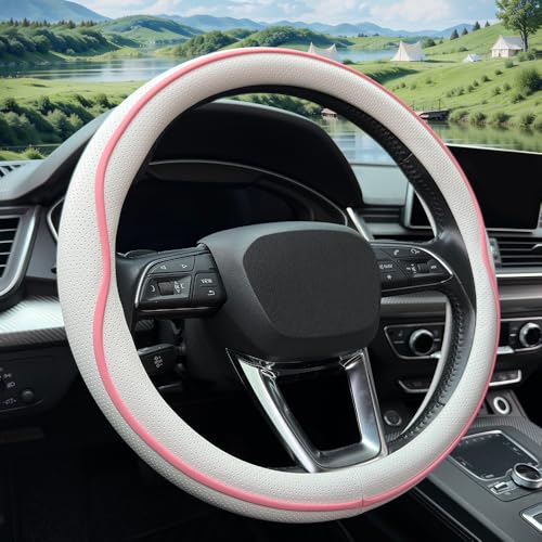 HAOTULE Leather Steering Wheel Cover， with Anti-Slip Stripe Design - Enhanced Grip, Fashion Style, Safe, Non-Slip, Breathable. Upgrade car Interior，White Pink - color: White Pink