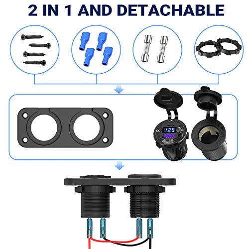 Cigarette Lighter Socket 12 Volt USB Outlet: PD 20W C and QC3.0 Car Port Aluminum Metal 12V Plug, 150W Charger Panel with Power Switch LED Voltmeter for Marine Boat RV Golf Cart - color: 2 in 1 - voltmeter
