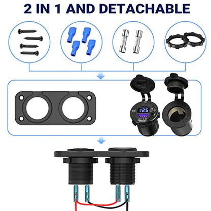 Cigarette Lighter Socket 12 Volt USB Outlet: PD 20W C and QC3.0 Car Port Aluminum Metal 12V Plug, 150W Charger Panel with Power Switch LED Voltmeter for Marine Boat RV Golf Cart - color: 2 in 1 - voltmeter