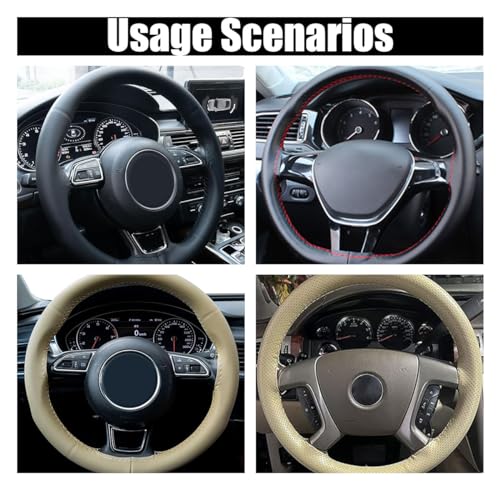 Car Genuine Leather Steering Wheel Cover, DIY Sewing with Needle and Thread, Breathable, and Anti-Slip, Universal 15 Inch Car Steering Wheel Stitching Wrap (Black, Glossy) - color: Black, size: Glossy