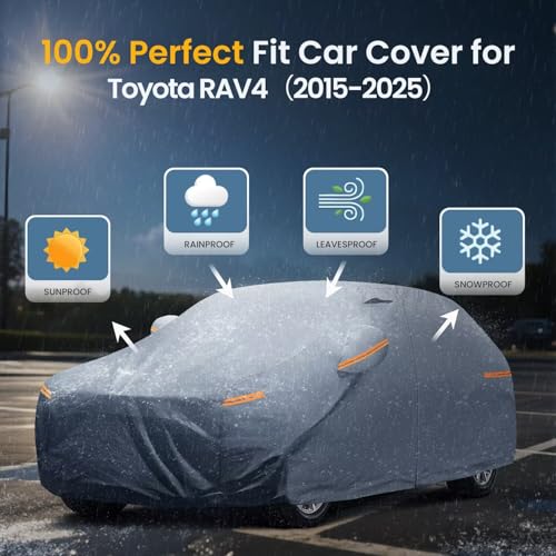 Waterproof Toyota RAV4(2015-2026) Car Cover with Breathable Vents, [2026 Upgrade] Premium Covers with Cotton Liner and Zipper Door, Sun Rain Snow Dust Uv Protection.(Gift with Towel) - color: SUV Car Cover, size: Custom Fit Toyota RAV4+Towel+Bag