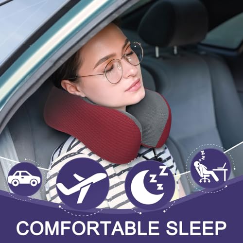 napfun Neck Pillow for Travel with Travel Pouch, Sleep Mask & Earplugs, Memory Foam Airplane Pillow for Headrest Sleep with Eyeshades, Plane Essentials with Eye Blindfold, Burgundy Striped Kit - color: Burgundy Striped Kit