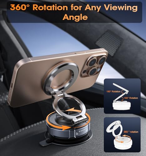 Upgraded Suction Cup Phone Mount 360° Zinc Alloy Phone Stand Vacuum Magnetic Car Holder for MagSafe Mount 98 LBS Ultra Accessories for iPhone 16 15 14 13 12 Android - color: Gunmetal