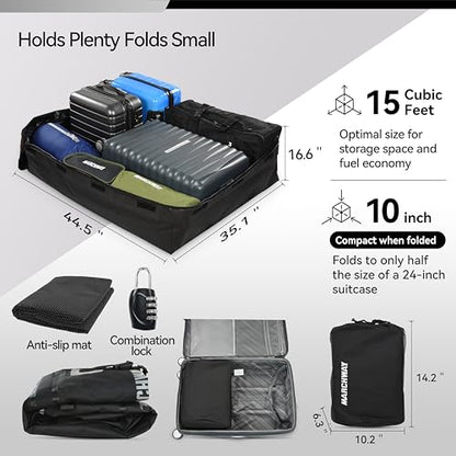 MARCHWAY Waterproof Car Roof Luggage Bag, Weatherproof Soft Shell Rooftop Cargo Carrier Bag for Vehicles with or Without Rack. 6 Door Hooks, Anti Slip Mat, Lock Included (15 Cubic Feet, Black) - size: 15 Cubic Feet, Black