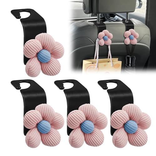 4PCS Car Seat Headrest Hook, Car Purse Hook, Cute Flower Auto Seat Back Organizer Bag Holder, Auto Accessories Portable Vehicle Purse Hanger Holder Decoration Fit for SUV Sedan Truck (Pink) - color: Pink