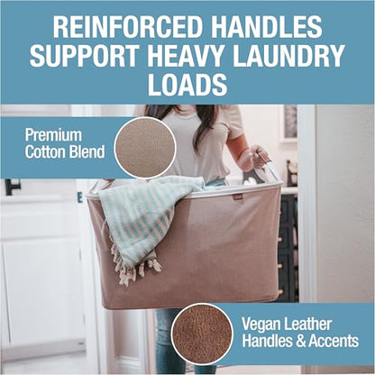 CleverMade Collapsible Laundry Basket LUXE 2 Pack – 60L (16 Gal) Foldable Cotton Blend Clothes Hamper with Vegan Leather Accents, Reinforced Handles, Space Saving Laundry Bin Holds 55 lbs - Mocha - color: Mocha Cream
