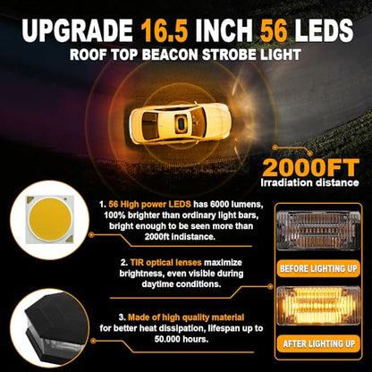 ASPL 16.5 Inch Roof Top Beacon Emergency Strobe Light 56 LED Magnetic Warning Caution lights bar Traffic Hazard Plow Light for Trucks Vehicles Construction Snowplow (Amber) - color: Amber