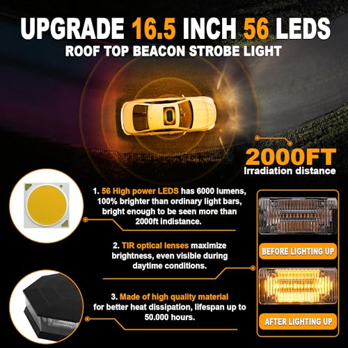 ASPL 16.5 Inch Roof Top Beacon Emergency Strobe Light with Controller 56 LED Magnetic Warning Caution lights bar Traffic Hazard Plow Light for Trucks Vehicles Construction Snowplow (Amber) - color: Amber