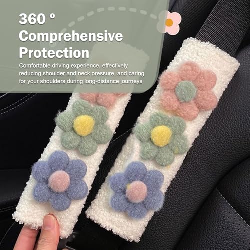 2 PCS Car Seat Belt Cover, Cute Flower Seat Strap Pads, 9.4" x 2.5" Soft Plush Safety Seatbelt Cushion, Universal Flower Car Accessories for Adults and Kids (Purple)
