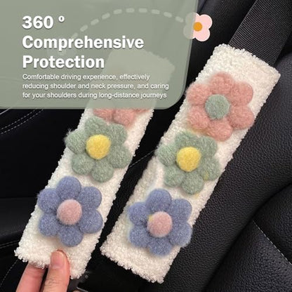 2 PCS Car Seat Belt Cover, Cute Flower Seat Strap Pads, 9.4" x 2.5" Soft Plush Safety Seatbelt Cushion, Universal Flower Car Accessories for Adults and Kids (Purple)