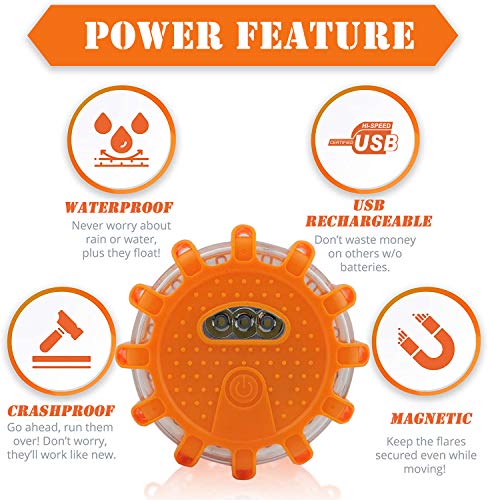 Ecoangel USB Rechargeable LED Road Flares Emergency Lights-Roadside Warning Car Safety Beacon Flashing Disc Flare Kit with Magnetic Base for Vehicles & Boat | 12 Beacon Disc Pack - color: 12