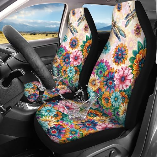Boho Floral Dragonfly Print Car Seat Cover Front Seats Only,Waterproof Seats Covers for Car,SUV Sedan,Truck - color: Boho Floral Dragonfly