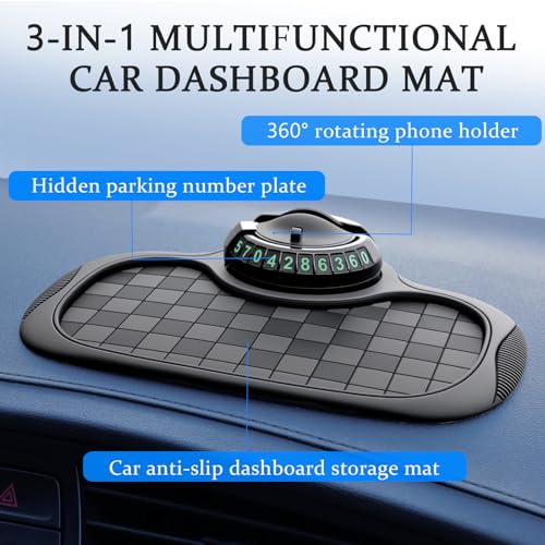 Multifunction Car Anti-Slip Mat Car Dashboard Mat 360° Rotating Adjustable Phone Holder with Hidden Parking Number Plate PVC Grid Style Mat