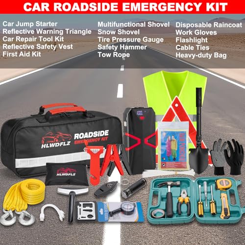 Car Emergency Kit with 2000A Car Battery Jump Starter- Car Roadside Emergency Kit, First Aid Kit, Tow Rope, Emergency Car Kit, Roadside Safety Tool Kit for Women, Men