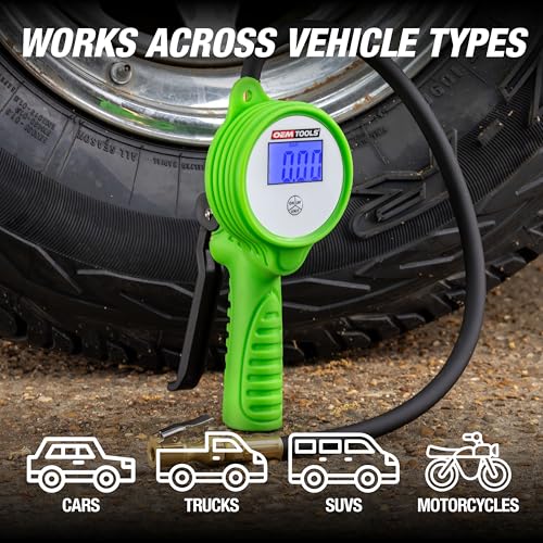 OEMTOOLS 24412 Digital Tire Inflator with Tire Pressure Gauge, Digital LCD Display, 0 to 175 PSI Air Pressure Gauge for Tires with 21” Hose and Clip-On Air Chuck