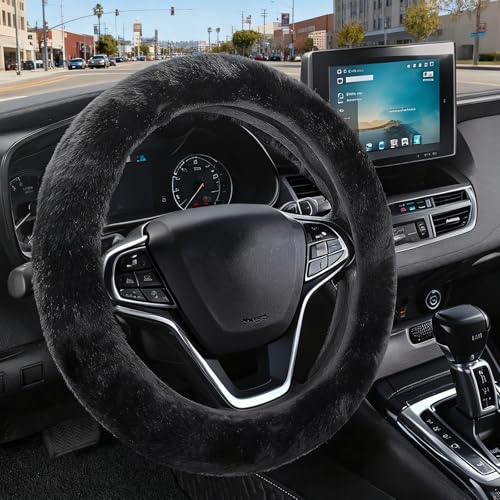 Furry Car Steering Wheel Cover, Fluffy Cover, Soft Warm Plush Non-Slip, 14 1/2-15 inch, for Women Girls, Black - color: single cover - black
