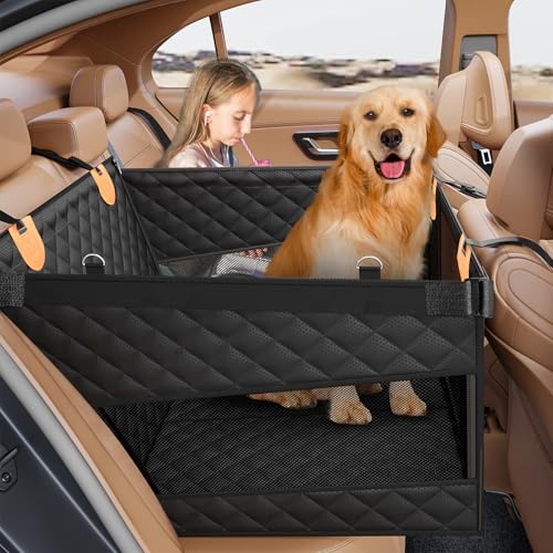 PETICON Large Dog Car Seat, Back Seat Extender for Dogs with 3 Mesh Windows, Waterproof Medium Carseat for Dogs with 4-Splice Hard Bottom, Pet Seat Cover for Cars, Trucks and SUVs (Black) - color: Black
